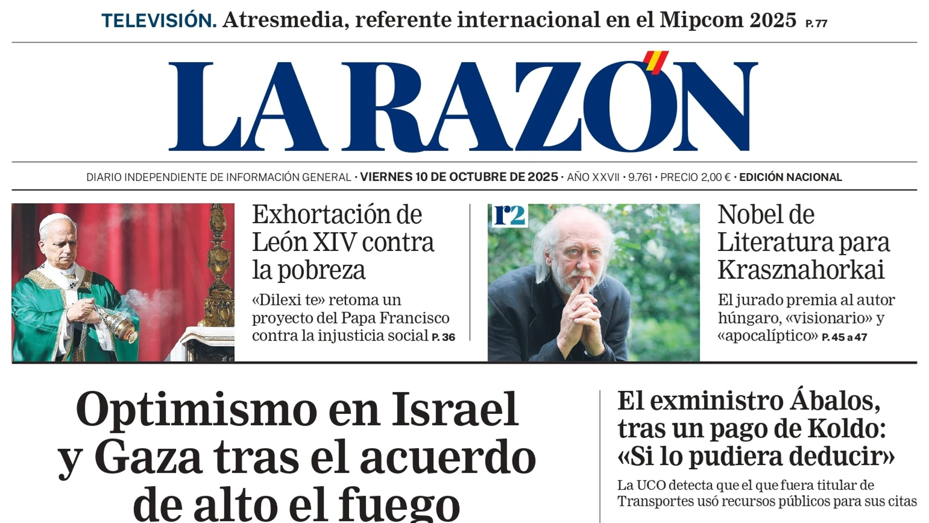 Portada de LA RAZÓN de este viernes 10 de octubre de 2025
