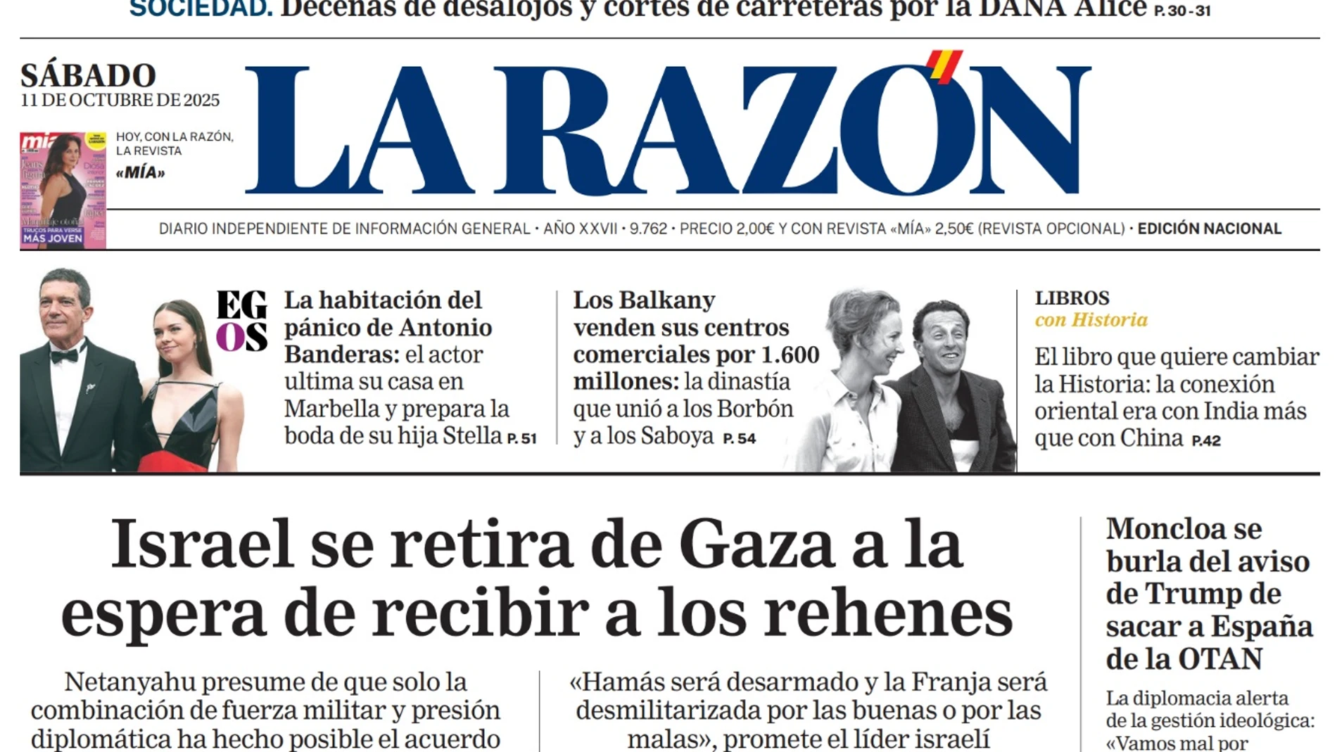 Portada de LA RAZÓN de este sábado 11 de octubre de 2025