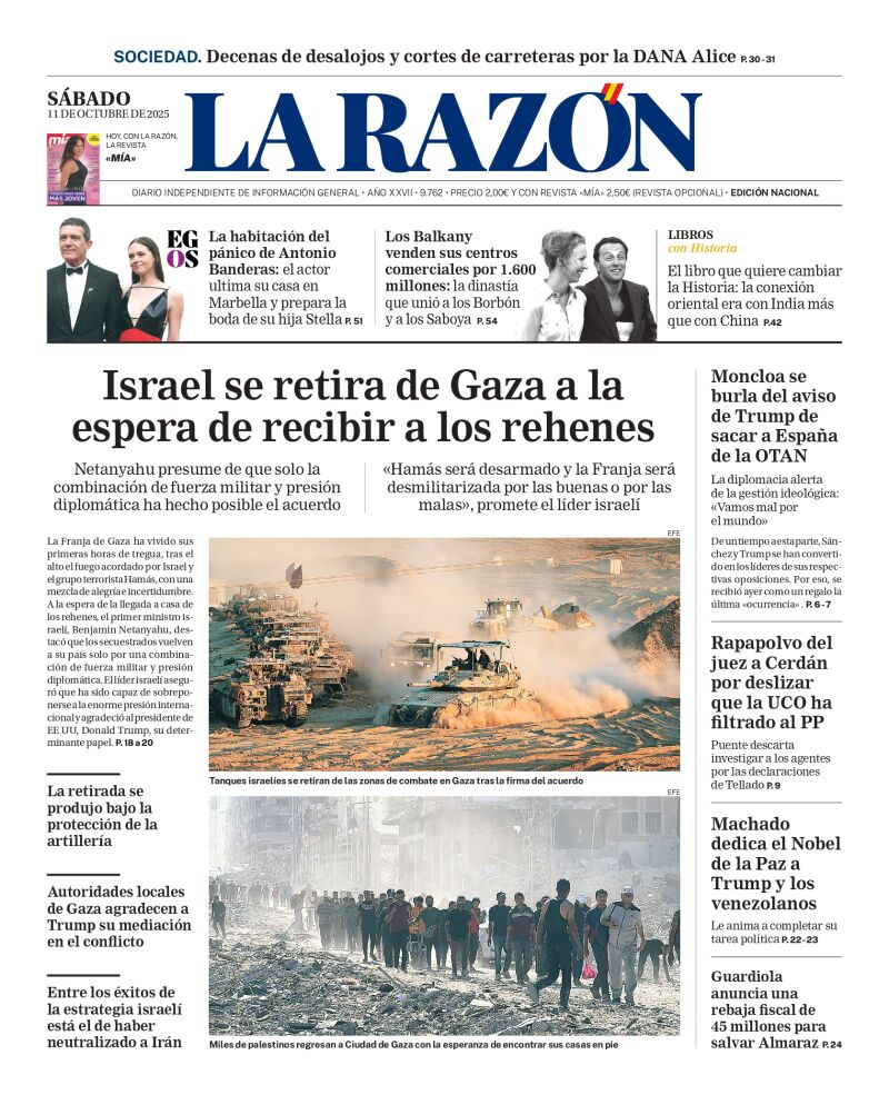 Portada de LA RAZÓN de este sábado 11 de octubre de 2025