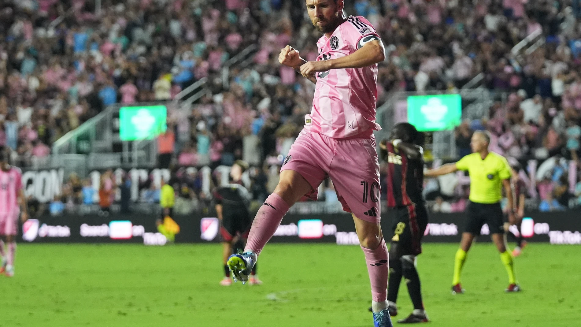 Inter Miami forward Lionel Messi reacts after scoring a goal during the first half of an MLS soccer match against Atlanta United, Saturday, Oct. 11, 2025, in Fort Lauderdale, Fla. (AP Photo/Lynne Sladky)