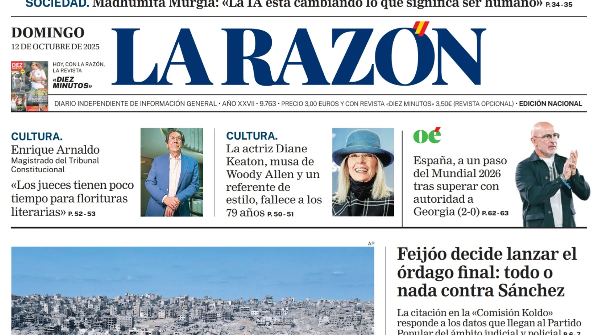 Portada de LA RAZÓN de este domingo 12 de octubre de 2025