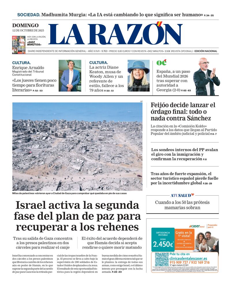 Portada de LA RAZÓN de este domingo 12 de octubre de 2025