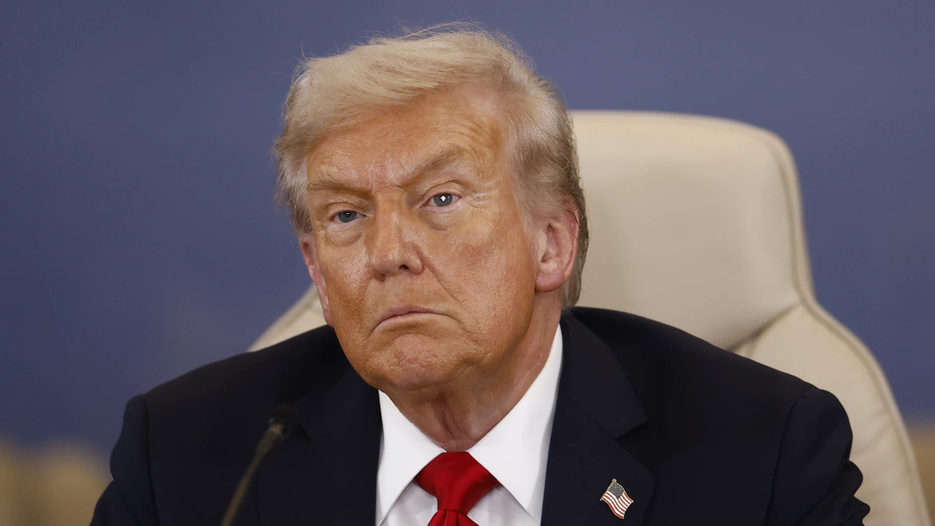President Donald Trump looks on during the signature ceremony at the Gaza International Peace Summit, in Sharm el-Sheikh, Egypt, Monday, Oct.13 2025. (Yoan Valat, Pool photo via AP)