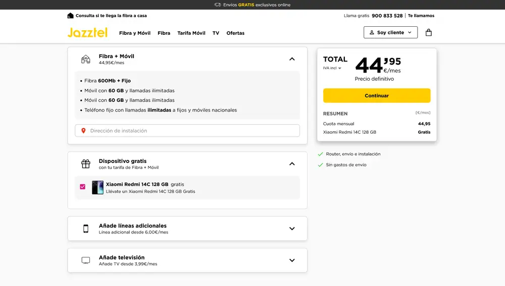 La configuración de la oferta en la web de Jazztel