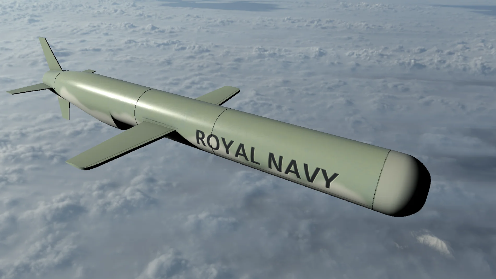 Misil volando por el cielo con la inscripción Royal Navy
