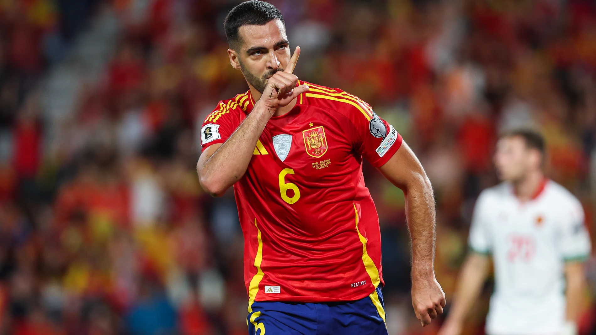 Mikel Merino of Spain celebrates a goal during the FIFA World Cup 2026 qualifier match between Spain and Bulgaria at Jose Zorrilla on October 14, 2025 in Valladolid, Spain. AFP7 14/10/2025 ONLY FOR USE IN SPAIN