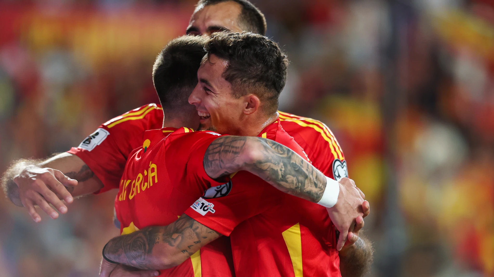 Aleix Garcia, Borja Iglesias and Yeremy Pino of Spain celebrate an own goal scored by Atanas Chernev of Bulgaria (out of photo) during the FIFA World Cup 2026 qualifier match between Spain and Bulgaria at Jose Zorrilla on October 14, 2025 in Valladolid, Spain. AFP7 14/10/2025 ONLY FOR USE IN SPAIN