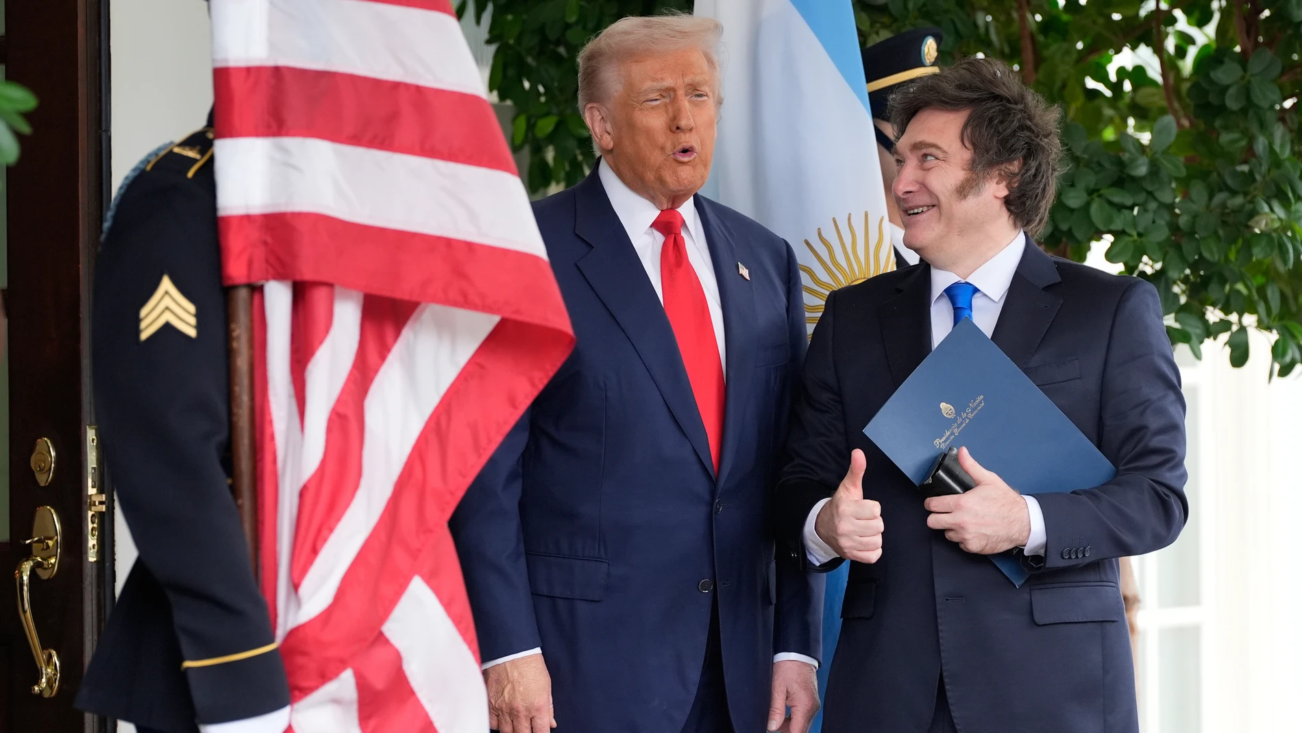President Donald Trump greets Argentina's President Javier Milei at the White House, Tuesday, Oct. 14, 2025, in Washington. (AP Photo/Alex Brandon)