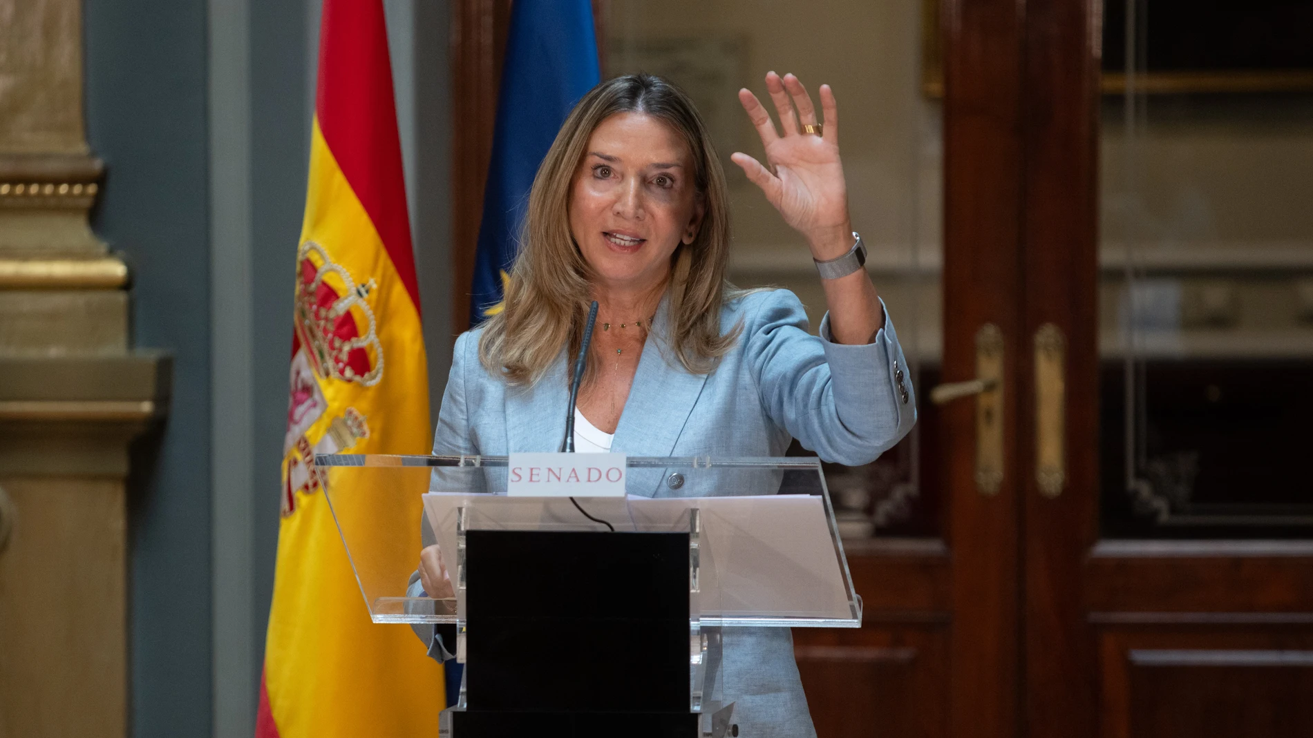 La portavoz del PP en el Senado, Alicia García, durante una rueda de prensa, en el Senado, a 16 de octubre de 2025, en Madrid (España). García ha anunciado que la comparecencia del presidente del Gobierno en la comisión de investigación sobre todas las ramificaciones del 'caso Koldo' se producirá el jueves 30 de octubre a las 09:00 horas, un día después del funeral de Estado por las víctimas de la dana.16 OCTUBRE 2025Alejandro Martínez Vélez / Europa Press16/10/2025