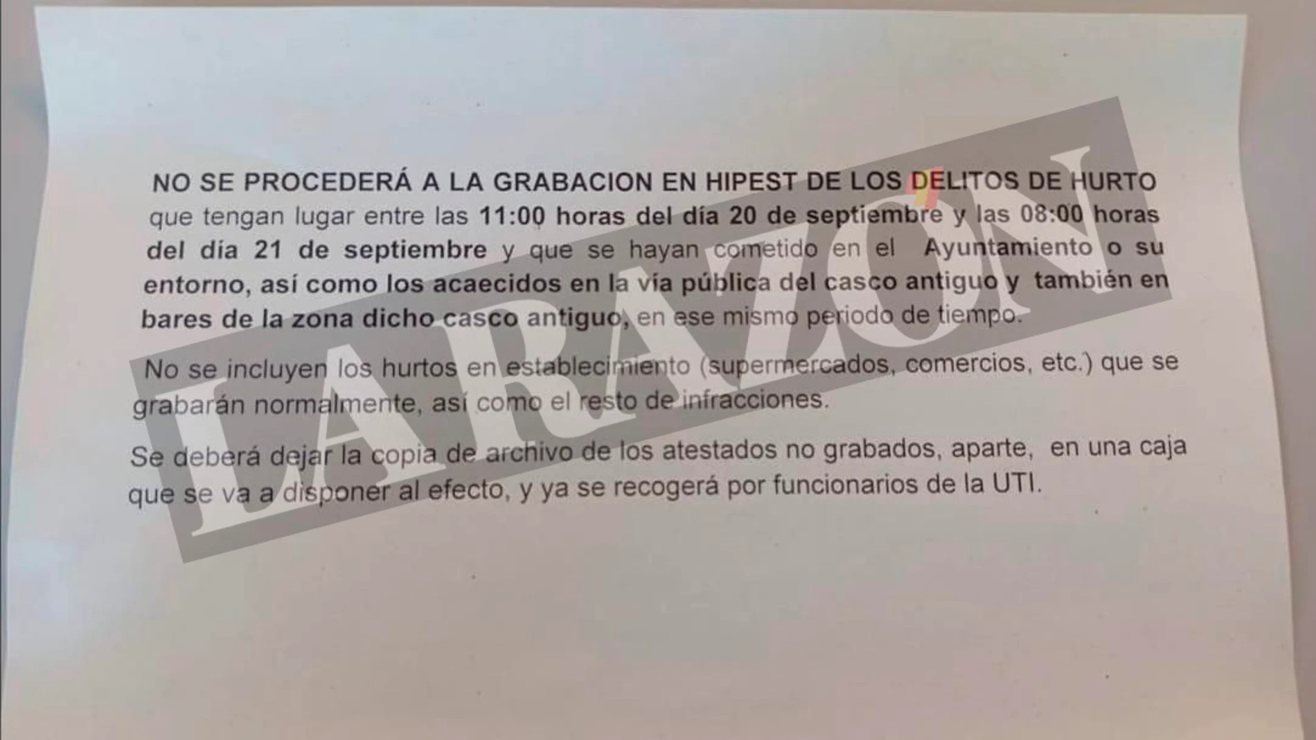 El documento que ordena a los policías no grabar durante un tiempo los delitos de hurto