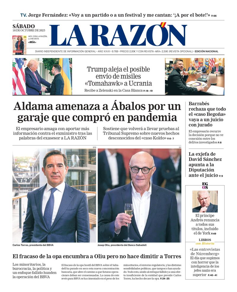 Portada de LA RAZÓN del sábado 18 de octubre de 2025
