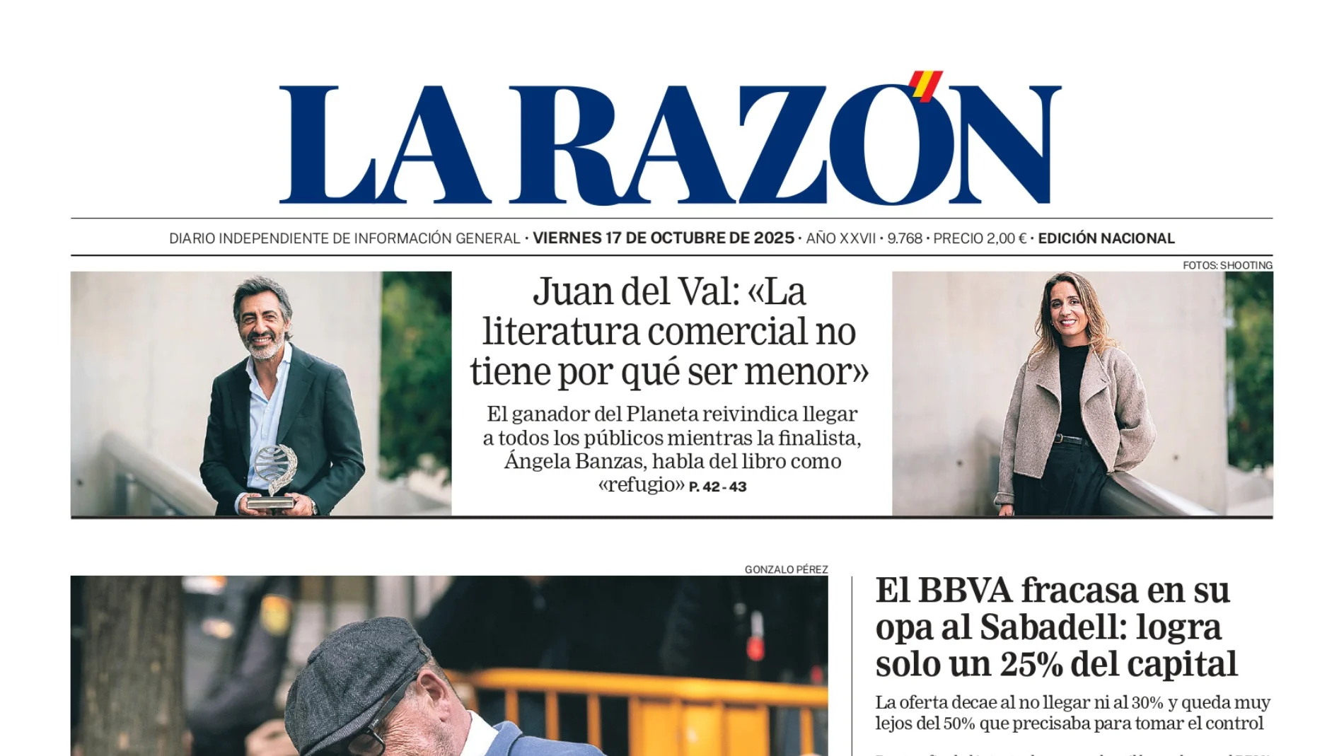 Portada de LA RAZÓN de este viernes 17 de octubre de 2025