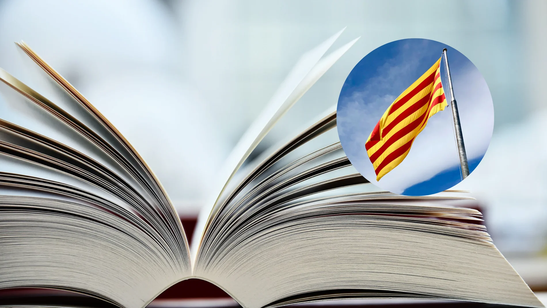 Imagen de un diccionario y la bandera de Cataluña