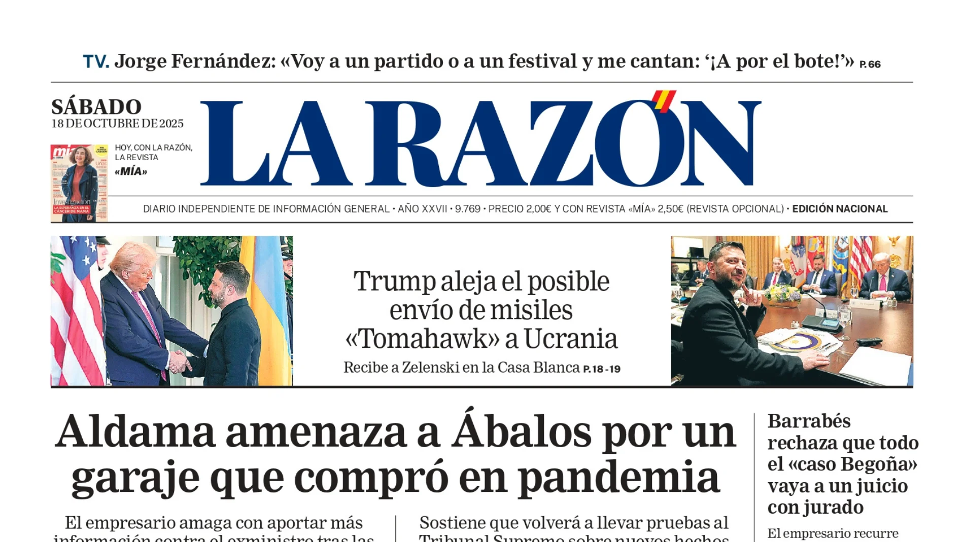 Portada de LA RAZÓN de este sábado 18 de octubre de 2025