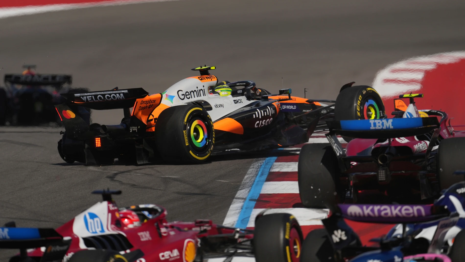McLaren driver Lando Norris of Britain crashes during the sprint race at the Formula One U.S. Grand Prix auto racing in Austin, Texas, Saturday, Oct. 18, 2025.(AP Photo/Eric Gay)
