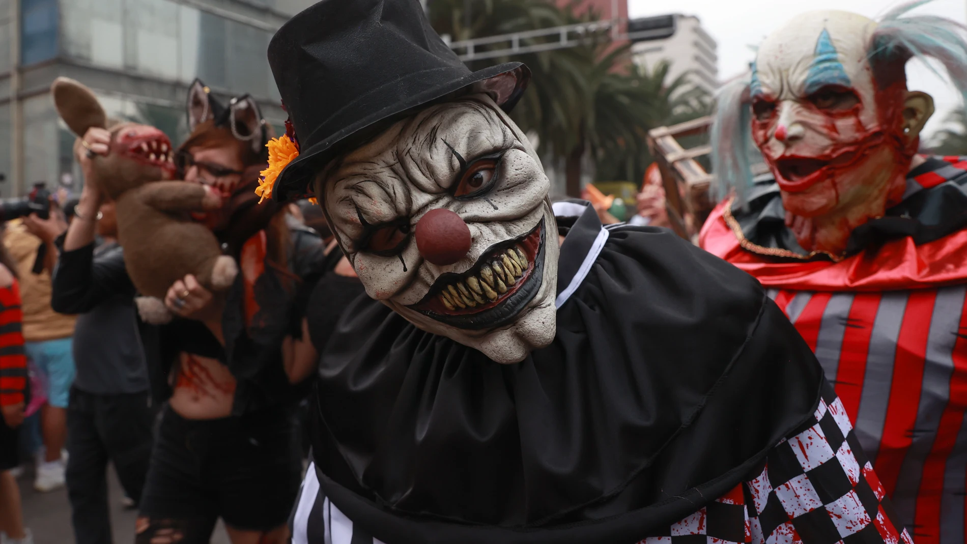 MEX6076. CIUDAD DE MÉXICO (MÉXICO), 18/10/2025.- Una persona disfrazada participa en la marcha zombie este sábado, en Ciudad de México. El apocalipsis zombi cumplió 18 años, y para festejarlo, invadió una de las principales avenidas de la capital mexicana como antesala al Día de Muertos. EFE/ Alex Cruz