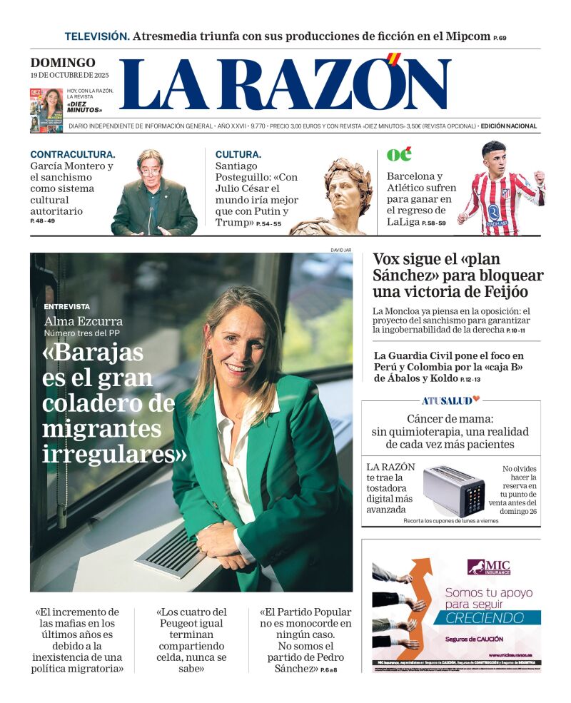Portada de LA RAZÓN del domingo 19 de octubre de 2025