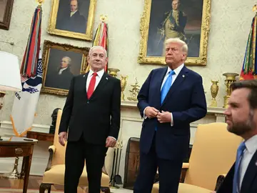 US President Donald Trump (C) and Vice President JD Vance (R) meet with Israel's Prime Minister Benjamin Netanyahu in the Oval Office of the White House in Washington, DC, on February 4, 2025 US President Donald Trump (C) and Vice President JD Vance (R) meet with Israel's Prime Minister Benjamin Netanyahu in the Oval Office of the White House in Washington, DC, on February 4, 2025