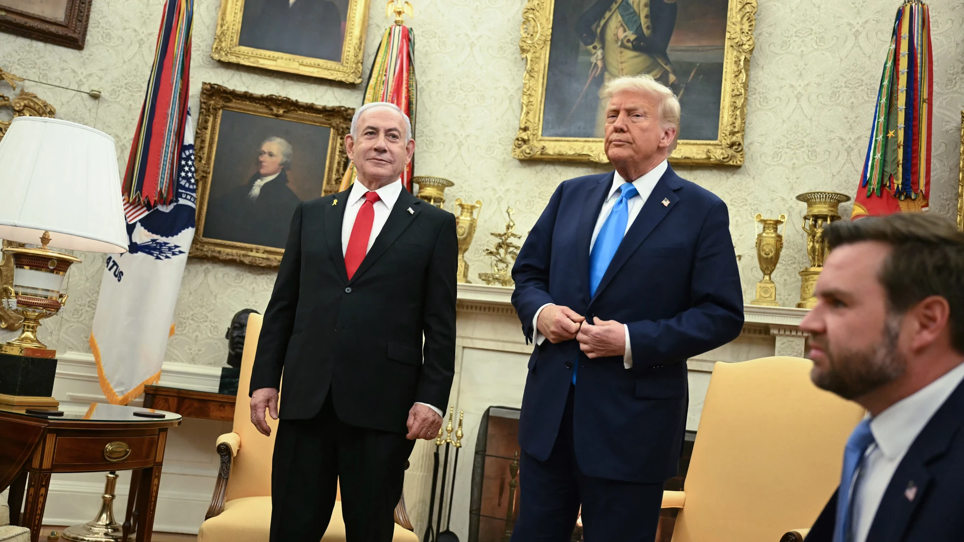 US President Donald Trump (C) and Vice President JD Vance (R) meet with Israel's Prime Minister Benjamin Netanyahu in the Oval Office of the White House in Washington, DC, on February 4, 2025