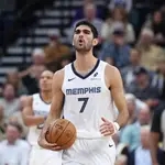 Memphis Grizzlies forward Santi Aldama (7) reacts to a play against the Utah Jazz during the first half of an NBA basketball game, Wednesday, Oct. 23, 2024, in Salt Lake City.