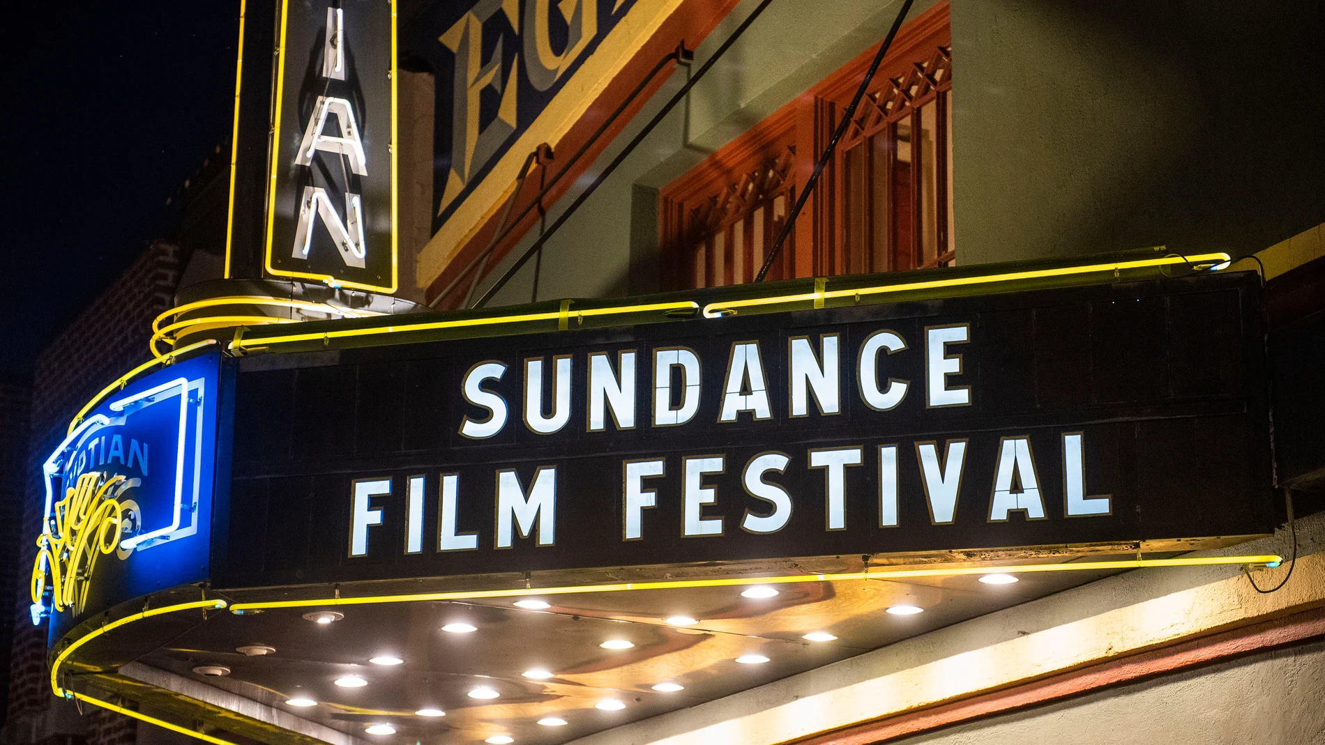 FILE - The marquee of the Egyptian Theatre appears during the Sundance Film Festival in Park City, Utah on Jan. 28, 2020. (Photo by Arthur Mola/Invision/AP, File)