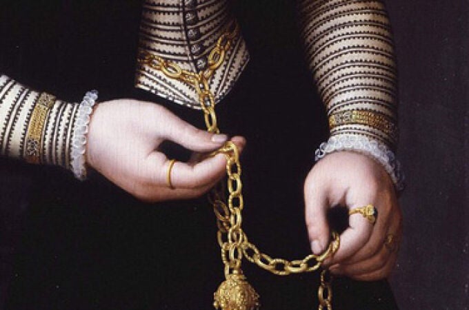 retrato anónimo de dama con poma de olor (detalle) (c. 1560–1565, Pourbus).  retrato anónimo de dama con poma de olor (detalle) (c. 1560–1565, Pourbus).