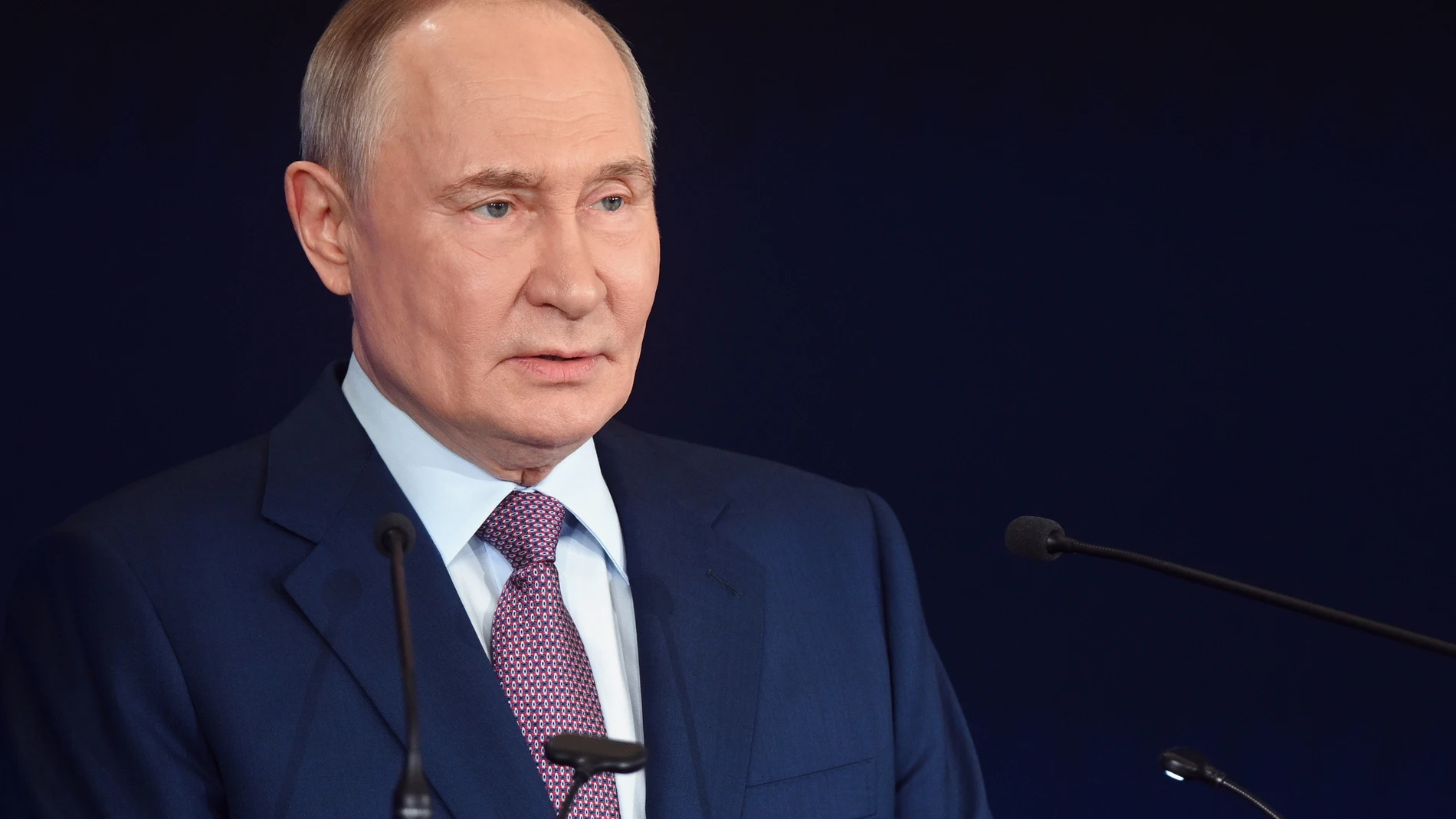 Russian President Vladimir Putin speaks at the Russian Geographical Society congress at the State Kremlin Palace in Moscow, Russia, Thursday, Oct. 23, 2025. (Kristina Kormilitsyna, Sputnik, Kremlin Pool Photo via AP)