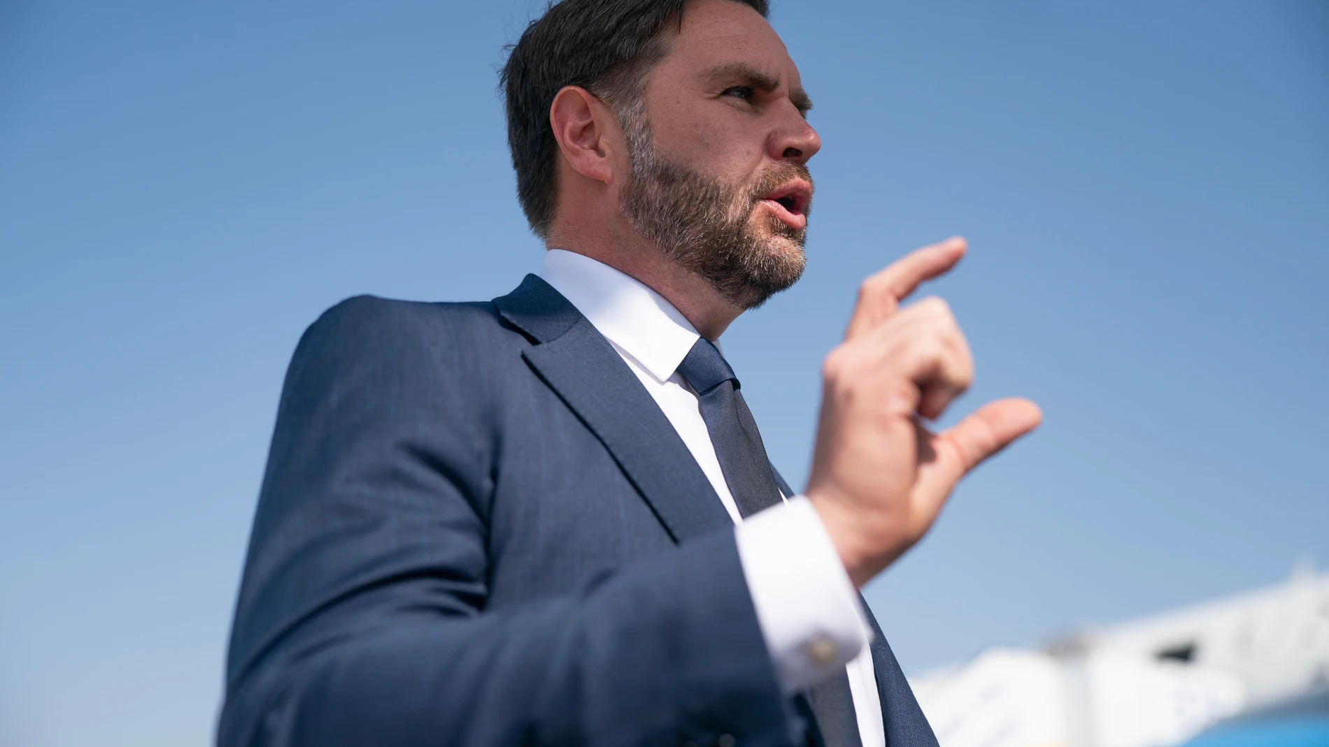 U.S. Vice President JD Vance speaks to members of the media before boarding Air Force Two at Ben Gurion Airport in Tel Aviv on Thursday, Oct. 23, 2025. (Nathan Howard/The New York Times via AP, Pool)