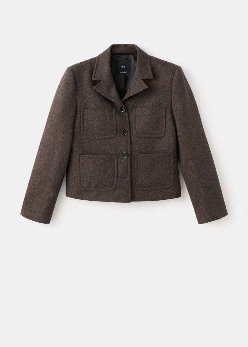 Chaqueta lana cuello tira bolsillos.