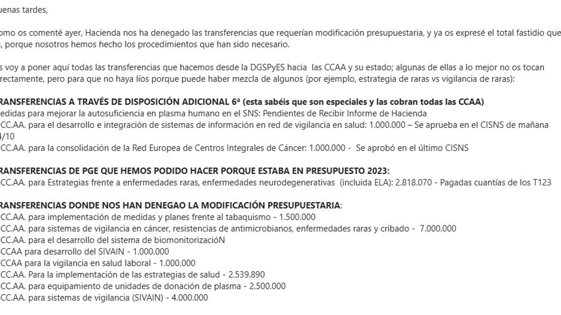 Texto del correo enviado el jueves por la Dirección General de Salud Pública del Ministerio