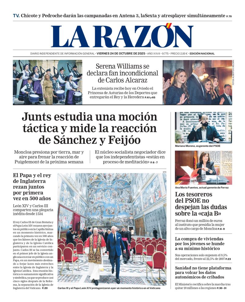 Portada de LA RAZÓN de este viernes 24 de octubre de 2025