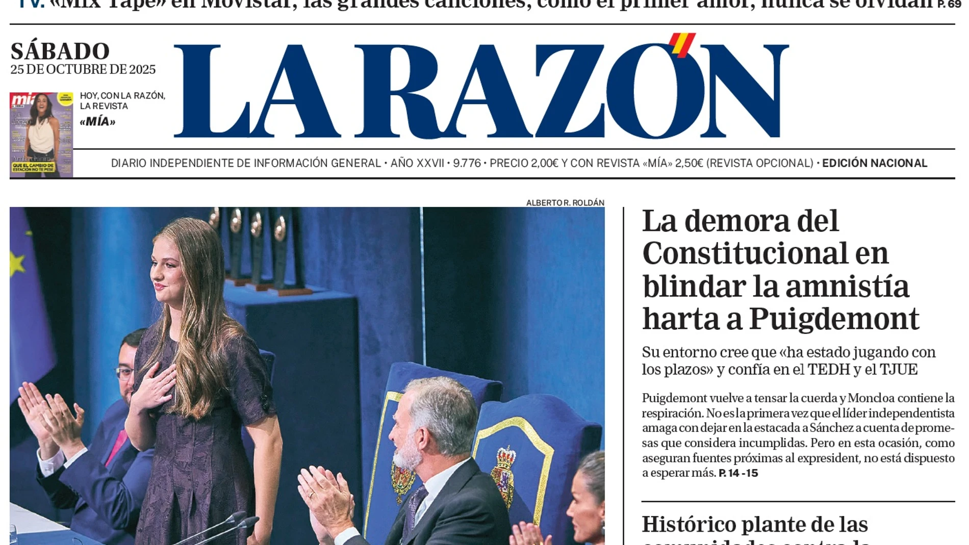 Portada de LA RAZÓN de este sábado 25 de octubre de 2025