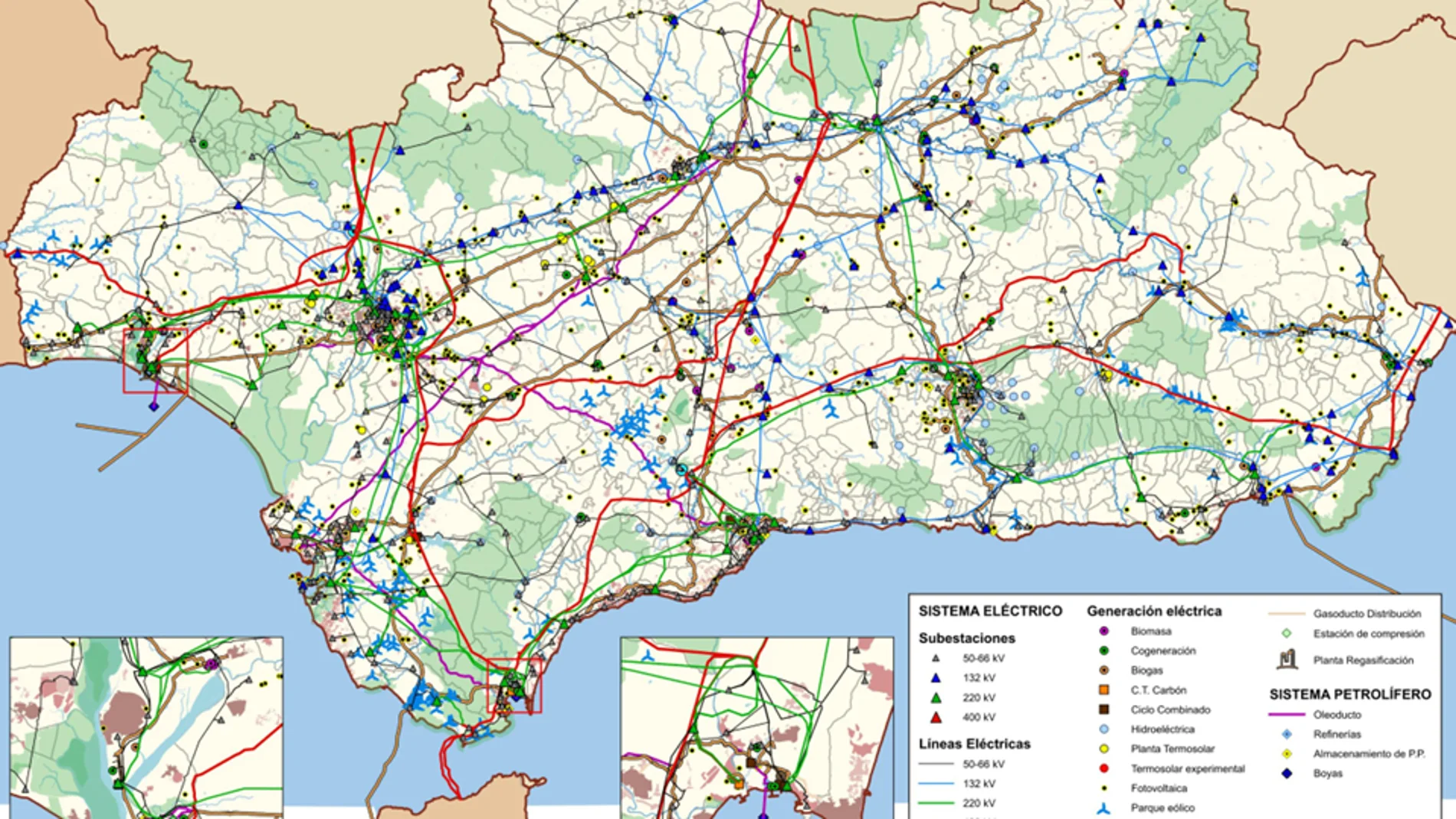 Mapa de infraestructuras energéticas de Andalucía a 30 de junio de 2025
