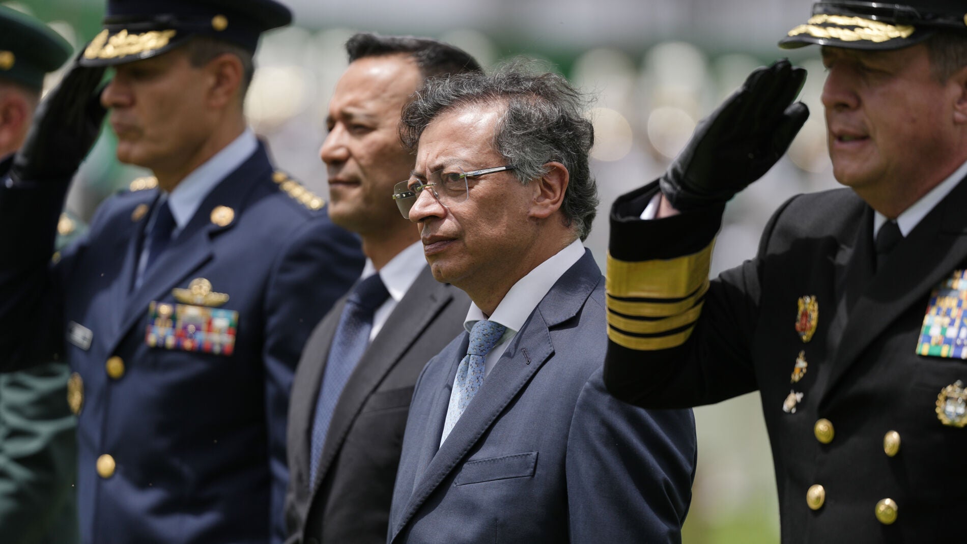 Colombian President Gustavo Petro during the swearing-in ceremony of Gen. William Rincon as the new national police director in Bogota, Colombia, Friday, Oct. 24, 2025. (AP Photo/Ivan Valencia)