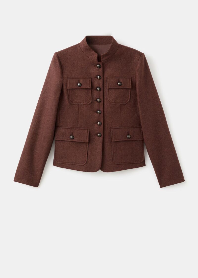Chaqueta lana cuello tira bolsillos.