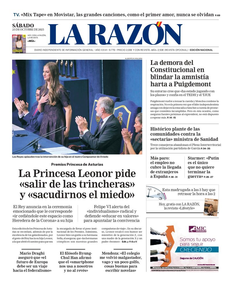 Portada de LA RAZÓN de este sábado 25 de octubre de 2025
