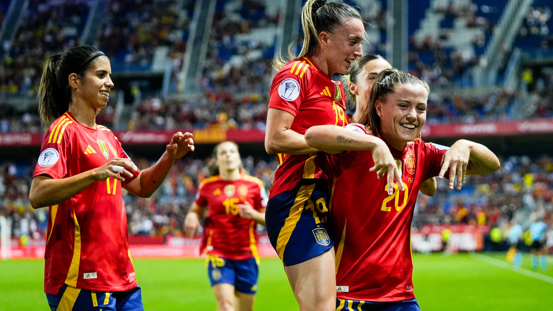 Claudia Pina of Spain celebrates a goal during the UEFA Women's Nations League 2025 Semi-Final first leg match between Spain and Sweden at La Rosaleda Stadium on October 24, 2025 in Malaga, Spain AFP7 24/10/2025 ONLY FOR USE IN SPAIN