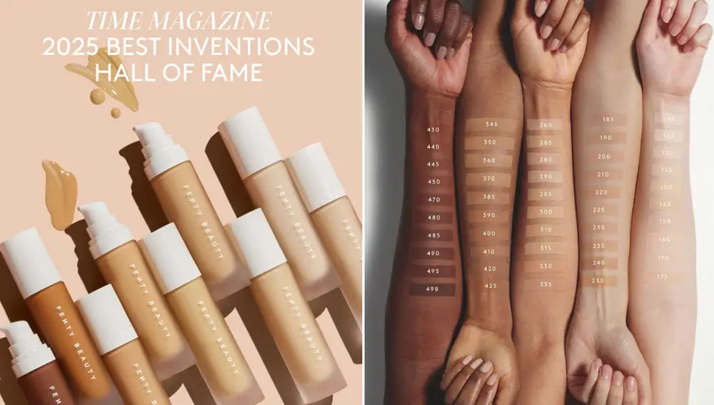 .La base Pro Filt’r de Fenty Beauty, reconocida por la revista Time por su impacto en la industria y su amplia gama de tonos.