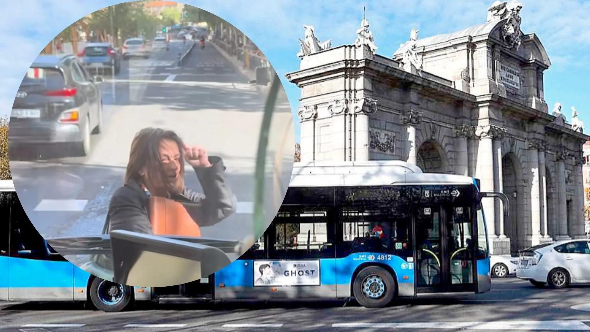Una señora detiene el tráfico después de que un autobús de la EMT no la dejara subir en mitad de la ruta
