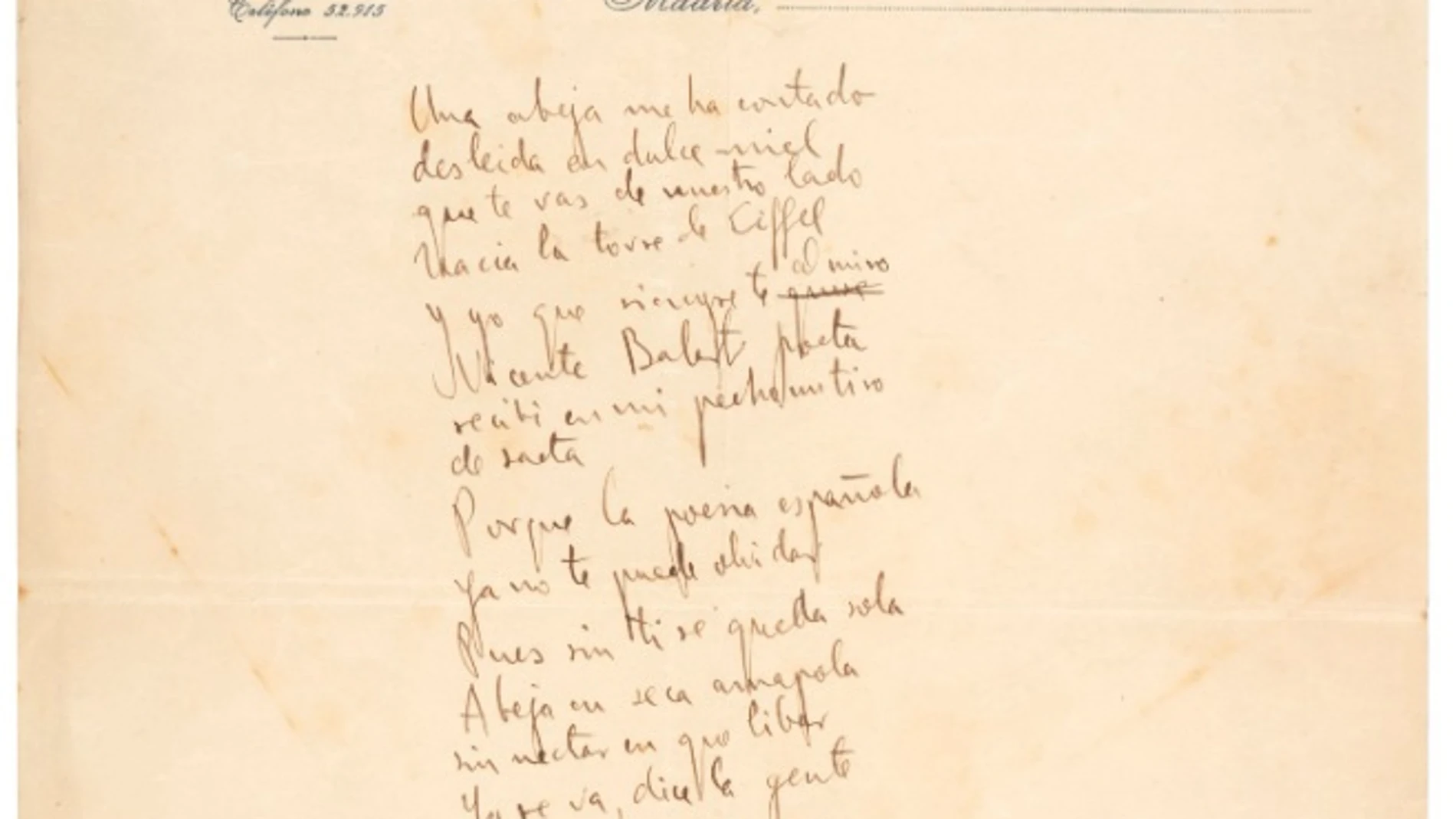 El poema manuscrito dedicado a Huidobro