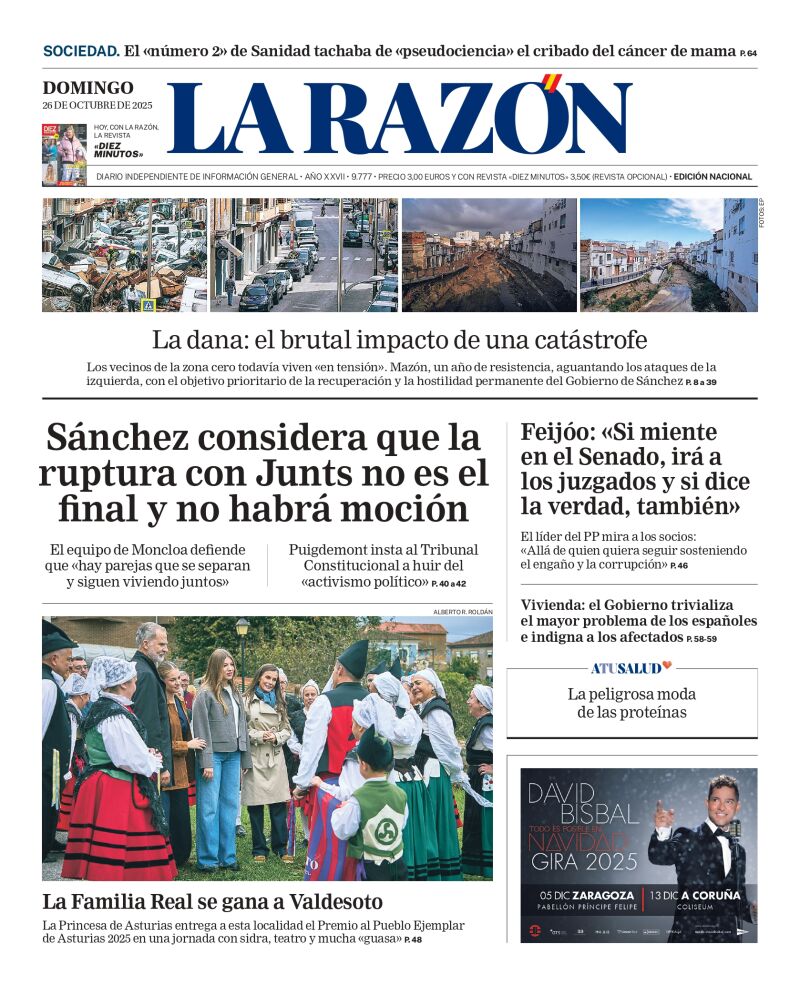 Portada de LA RAZÓN de este domingo 26 de octubre de 2025