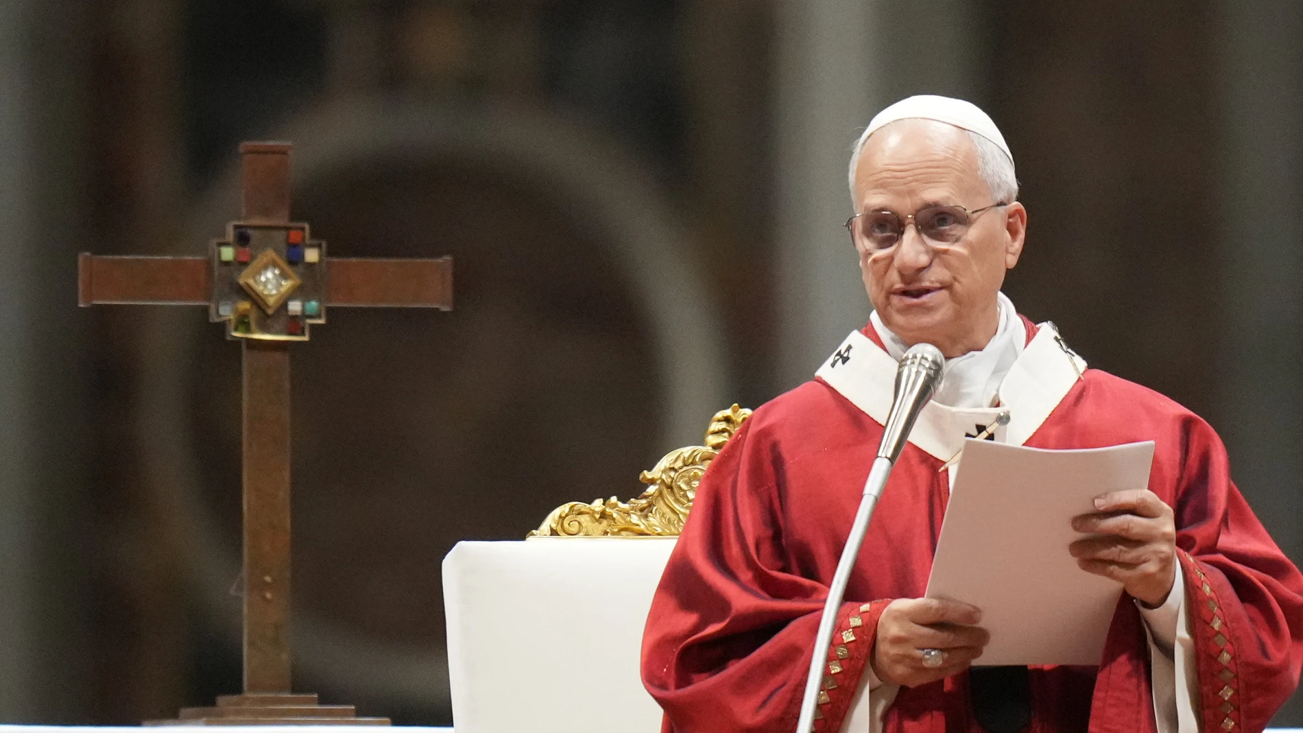Pope Leo XIV delivers his speech as he celebrates a Mass for the opening of the academic year of the Pontifical University and for the Jubilee of the Educational World in St. Peter's Basilica at the Vatican, Monday, Oct. 27, 2025. (AP Photo/Alessandra Tarantino)