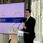 El consejero Suárez-Quiñones durante su intervención en l congreso internacional 'El Reglamento Europeo de Deforestación', que se celebra en el PRAE de Valladolid