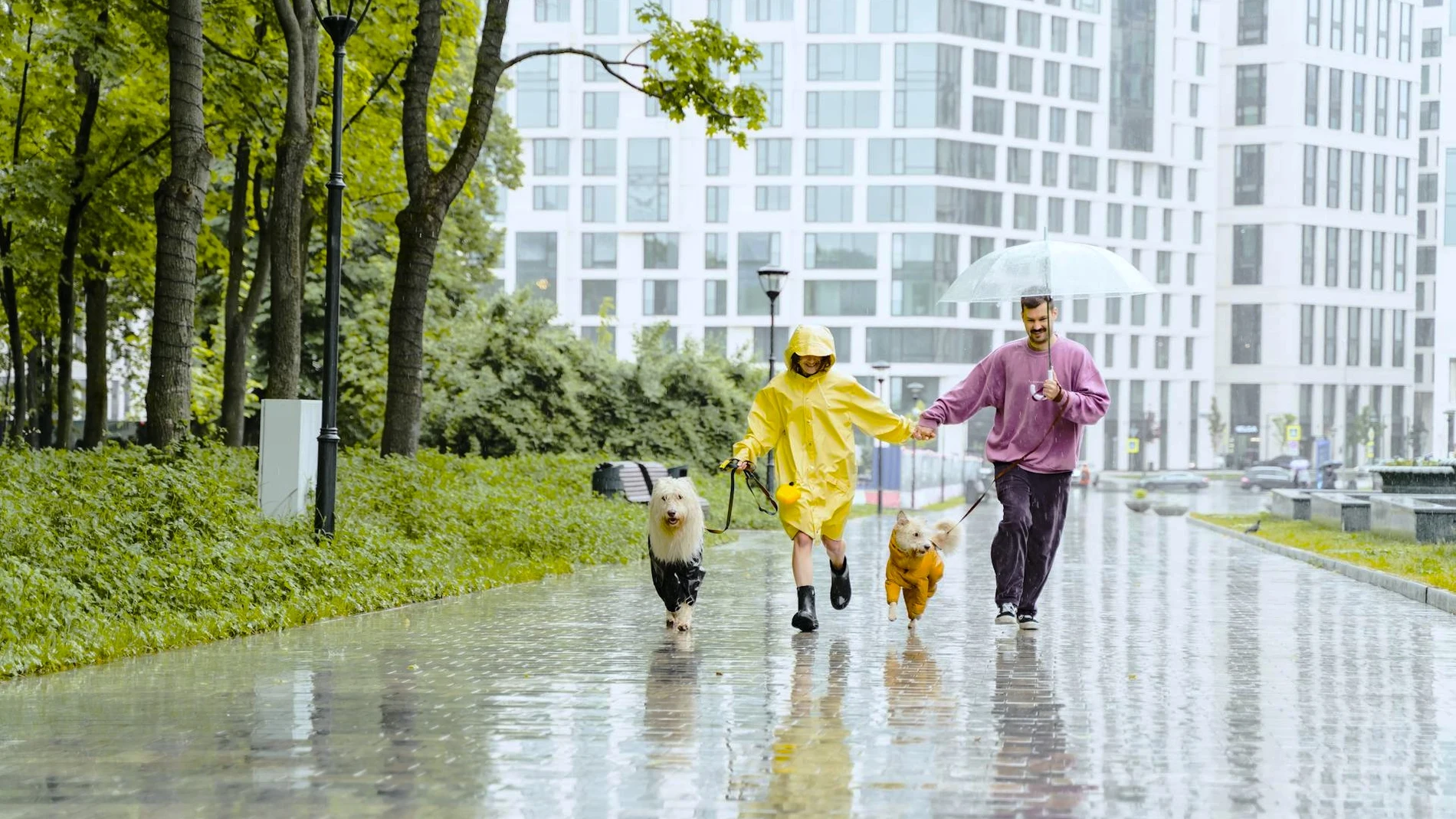 Pareja corriendo bajo la lluvia