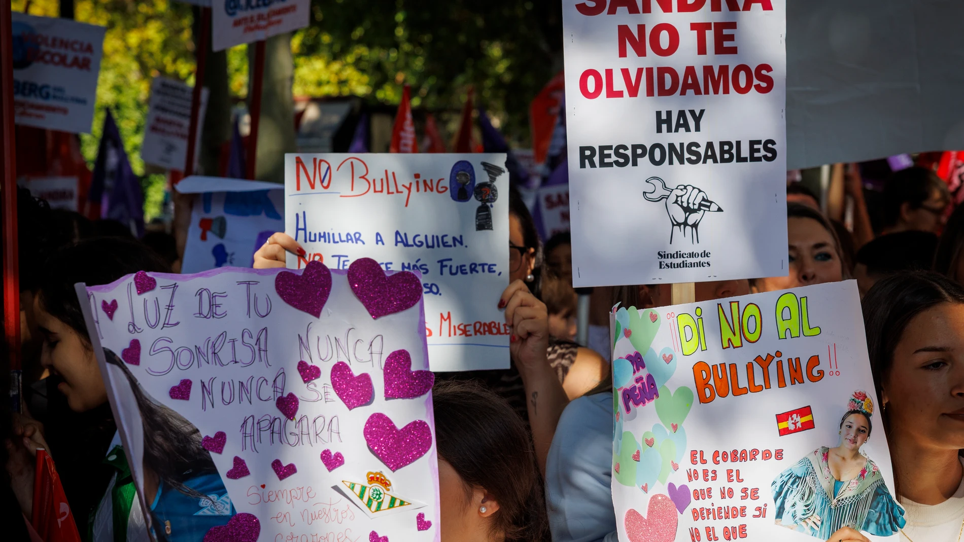 Varios cientos de estudiantes se han concentrado este martes en las distintas provincias andaluzas para arropar a la familia de Sandra Peña, la alumna de 14 años que se suicidó hace dos semanas en Sevilla, y alzar su voz en contra el acoso escolar, este martes en la capital hispalense. EFE/ Julio Muñoz