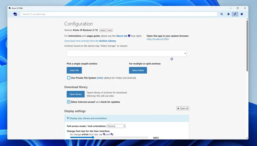 Pantalla inicial de Kiwix.