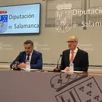 El presidente de la Diputación de Salamanca, Javier Iglesias; y el diputado de desarrollo rural, Antonio Labrador, presentan el Fondo