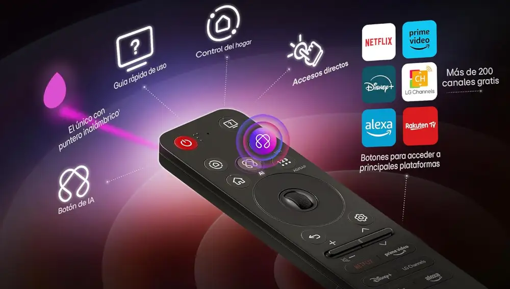 El mando a distancia de esta Smart TV permite acceder con una sola pulsación a las principales plataformas de streaming