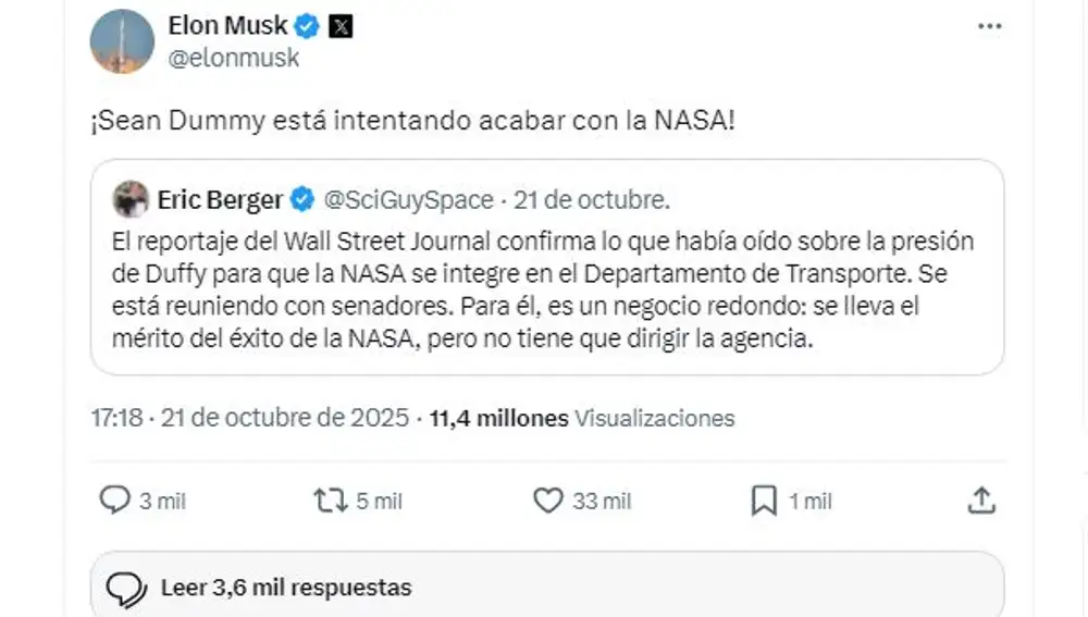 Elon Musk atacó sin reparos al administrador interno de la NASA