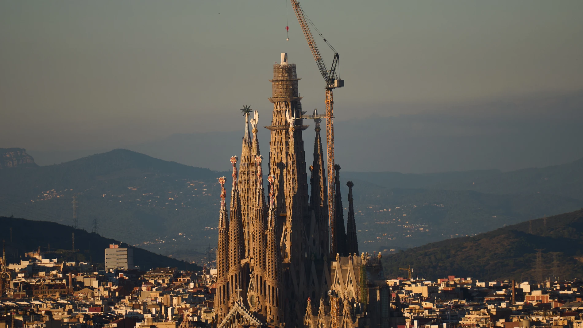 View of the Sagrada Familia basilica, which became the world's tallest church on Thursday after a section of its central tower was lifted into place, in Barcelona, Spain, Oct. 30, 2025. (AP Photo/Emilio Morenatti)